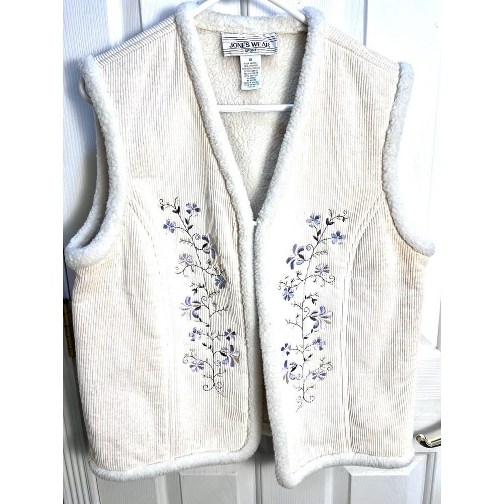 Jones New York Vintage 12  Corduroy Vest Sherpa Purple Blue Floral Embroidery